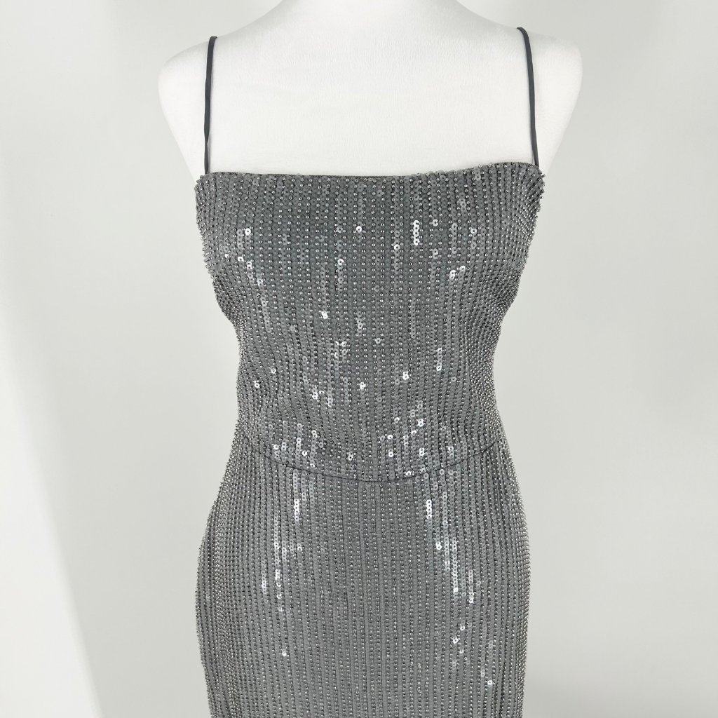 Nwt Rasario Silver Sequin Embellished Square Neck Maxi Gown — image 4 of 8